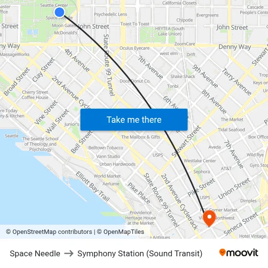 Space Needle to Symphony Station (Sound Transit) map