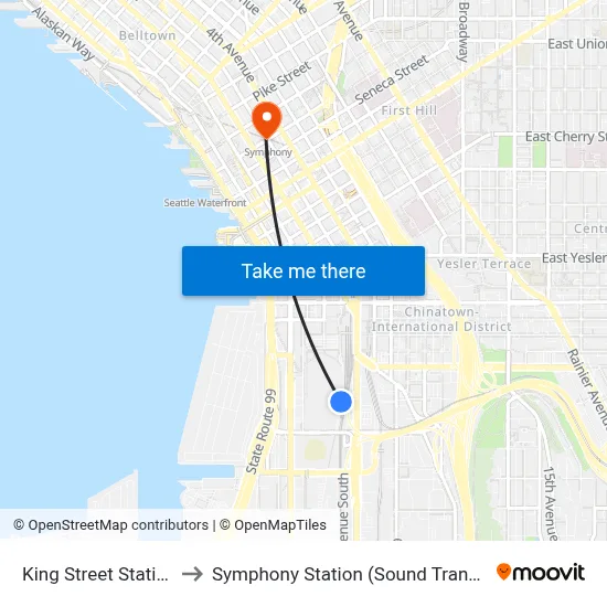 King Street Station to Symphony Station (Sound Transit) map