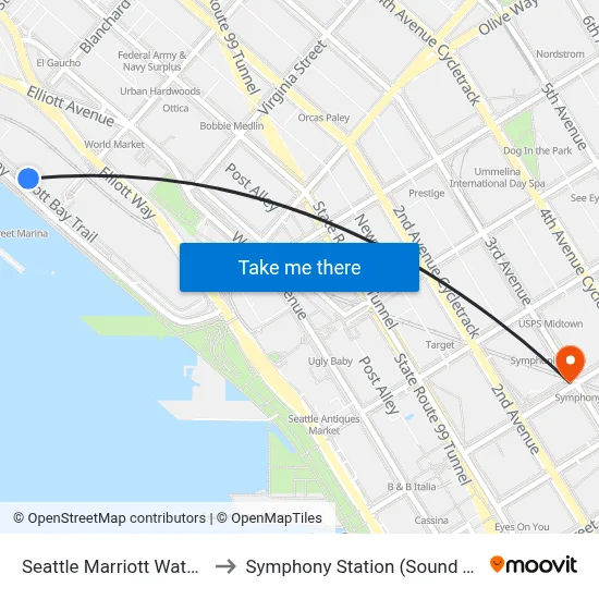 Seattle Marriott Waterfront to Symphony Station (Sound Transit) map