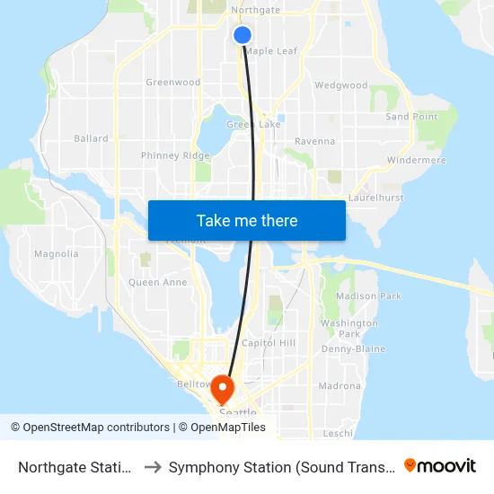 Northgate Station to Symphony Station (Sound Transit) map