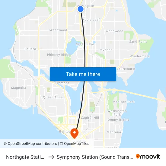 Northgate Station to Symphony Station (Sound Transit) map