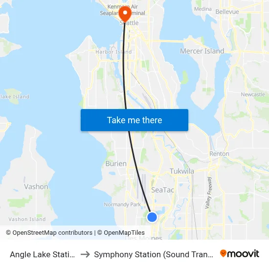 Angle Lake Station to Symphony Station (Sound Transit) map