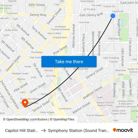 Capitol Hill Station to Symphony Station (Sound Transit) map