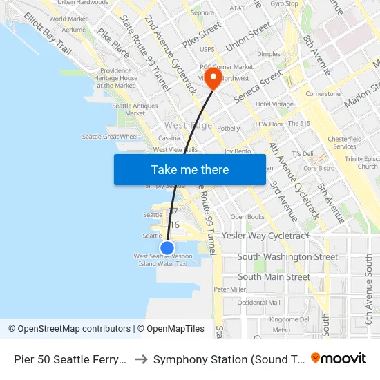 Pier 50 Seattle Ferry Dock to Symphony Station (Sound Transit) map