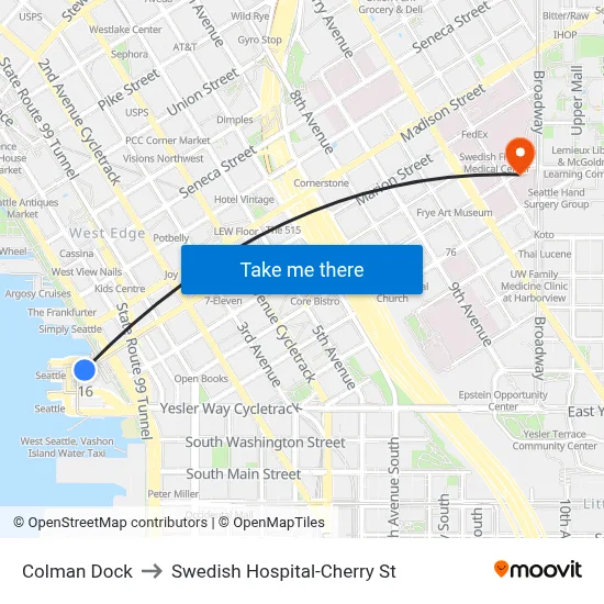 Colman Dock to Swedish Hospital-Cherry St map