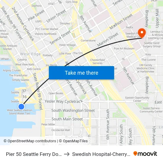 Pier 50 Seattle Ferry Dock to Swedish Hospital-Cherry St map