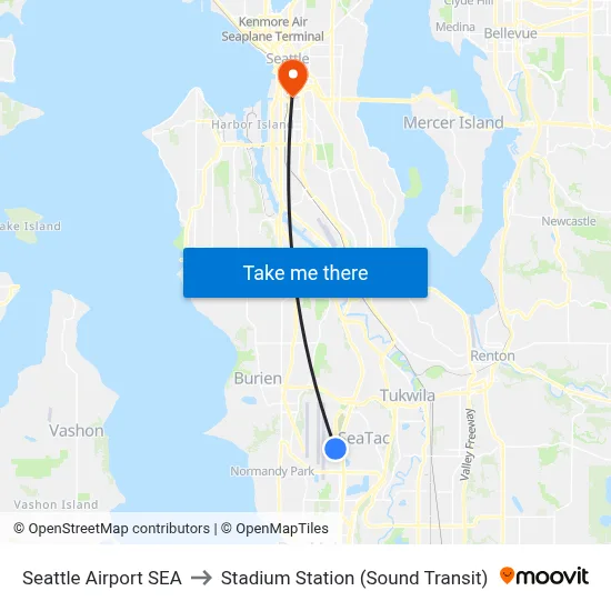 Seattle Airport SEA to Stadium Station (Sound Transit) map