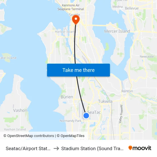 Seatac/Airport Station to Stadium Station (Sound Transit) map