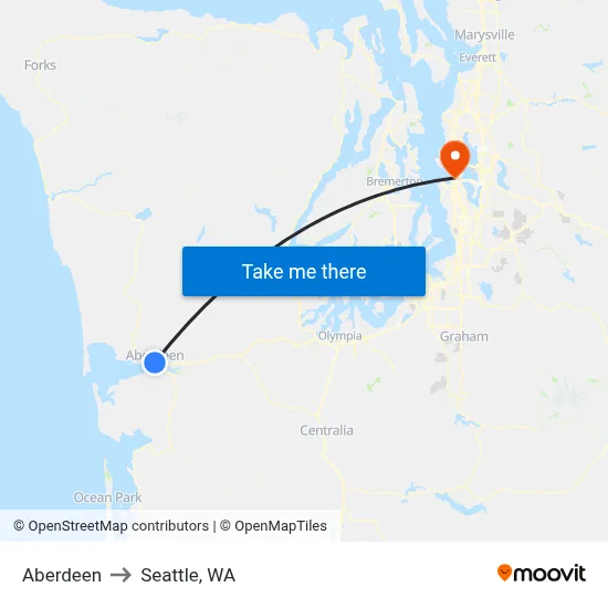 Aberdeen to Seattle, WA map