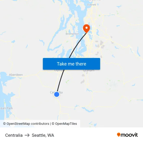 Centralia to Seattle, WA map