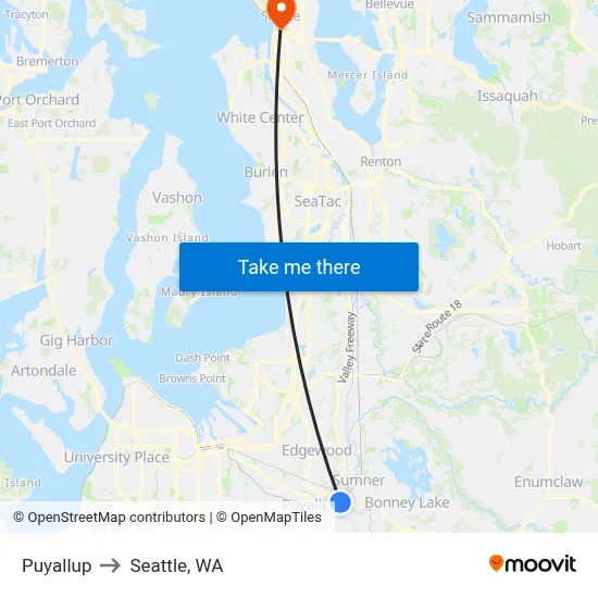 Puyallup to Seattle, WA map