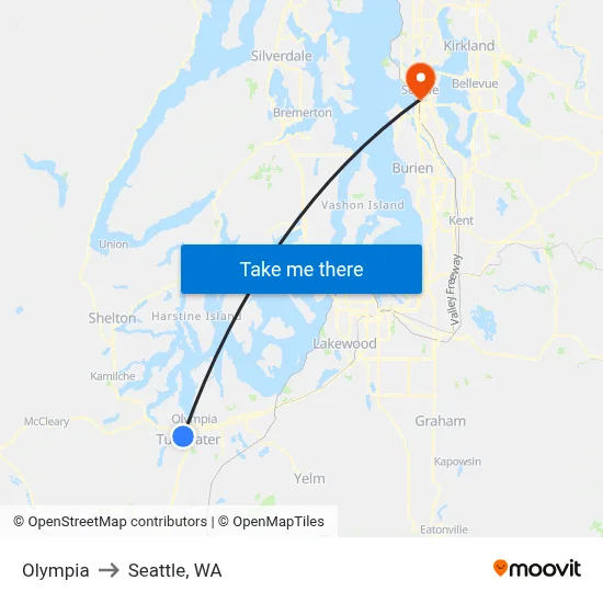 Olympia to Seattle, WA map