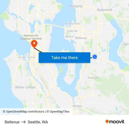 Bellevue to Seattle, WA map