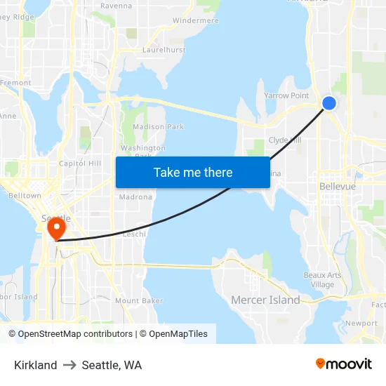 Kirkland to Seattle, WA map