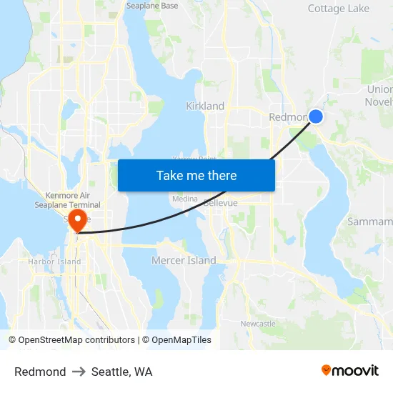 Redmond to Seattle, WA map