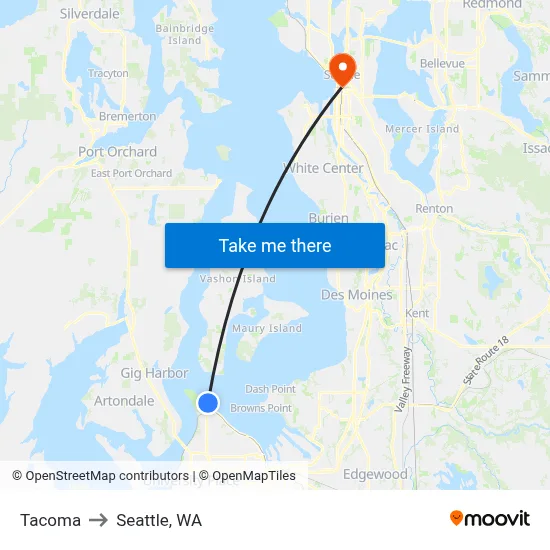 Tacoma to Seattle, WA map