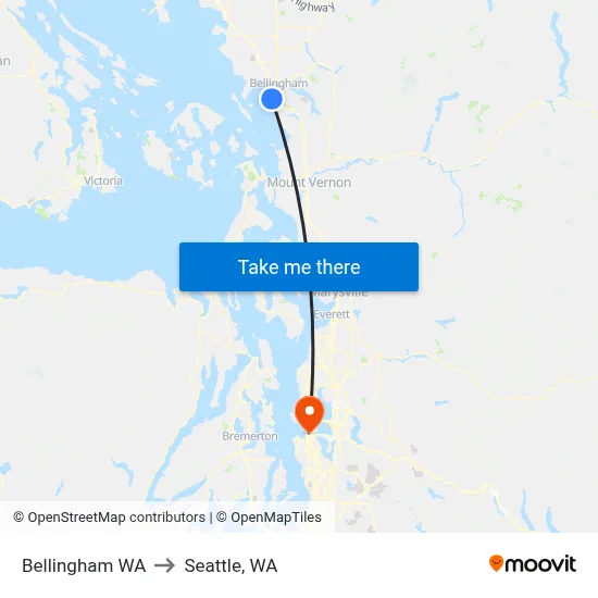 Bellingham WA to Seattle, WA map