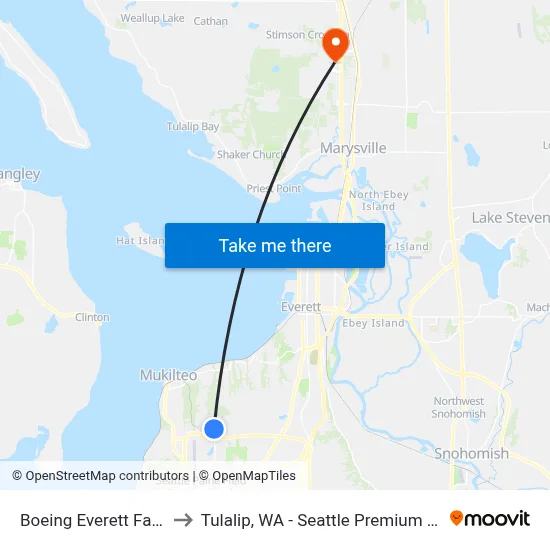 Boeing Everett Factory to Tulalip, WA - Seattle Premium Outlets map