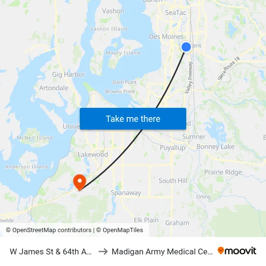 W James St & 64th Ave S to Madigan Army Medical Center map