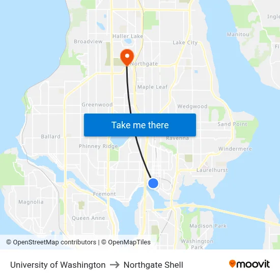 University of Washington to Northgate Shell map