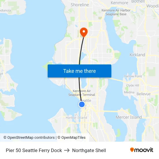 Pier 50 Seattle Ferry Dock to Northgate Shell map