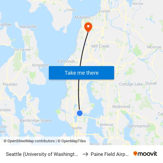 Seattle (University of Washington) to Paine Field Airport map