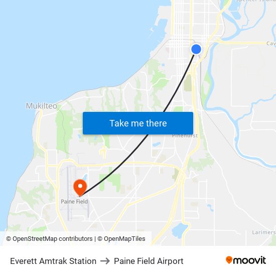 Everett Amtrak Station to Paine Field Airport map