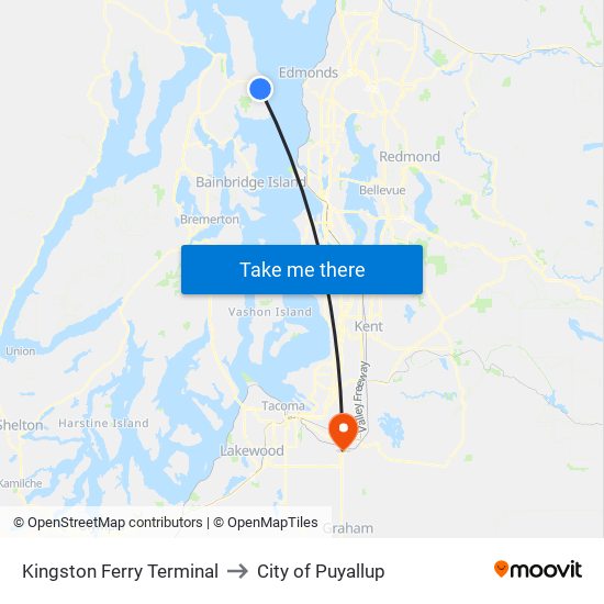 Kingston Ferry Terminal to City of Puyallup map