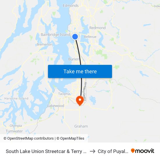 South Lake Union Streetcar & Terry Ave N to City of Puyallup map