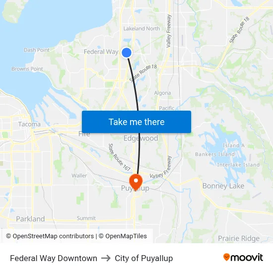 Federal Way Downtown to City of Puyallup map