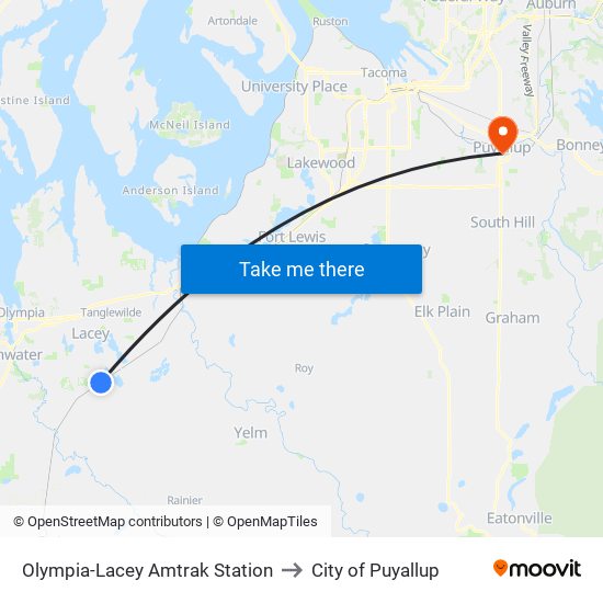 Olympia-Lacey Amtrak Station to City of Puyallup map