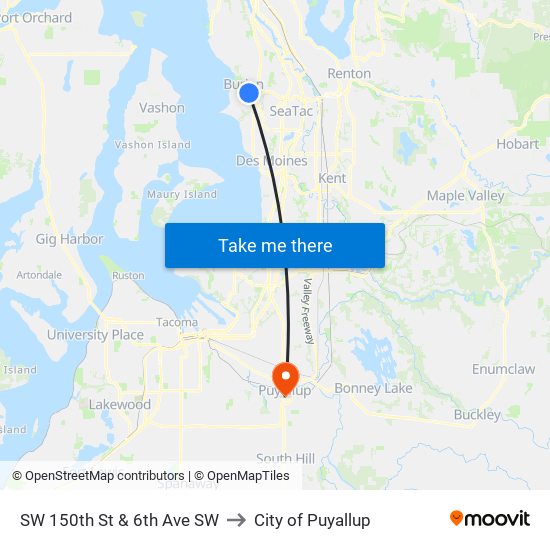 SW 150th St & 6th Ave SW to City of Puyallup map