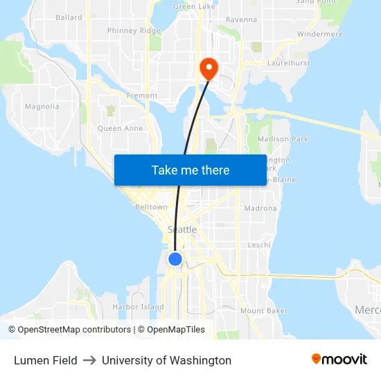 Lumen Field to University of Washington map