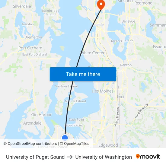 University of Puget Sound to University of Washington map