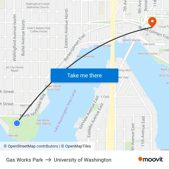 Gas Works Park to University of Washington map