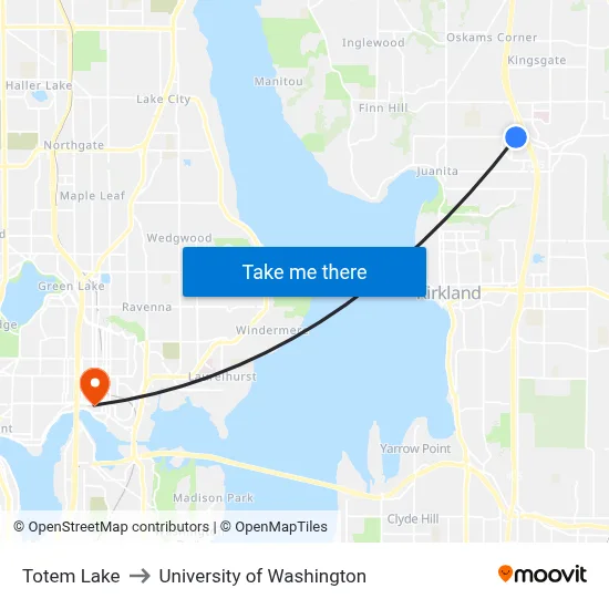Totem Lake to University of Washington map
