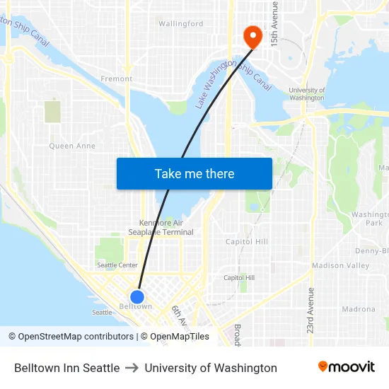 Belltown Inn Seattle to University of Washington map