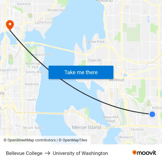 Bellevue College to University of Washington map