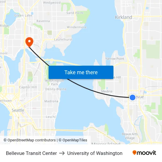 Bellevue Transit Center to University of Washington map