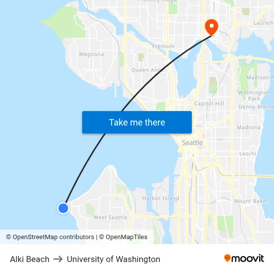 Alki Beach, Seattle, WA 98116 to University of Washington map