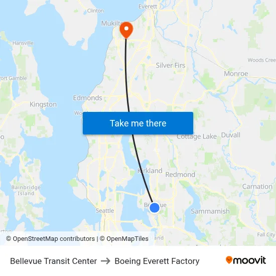 Bellevue Transit Center to Boeing Everett Factory map