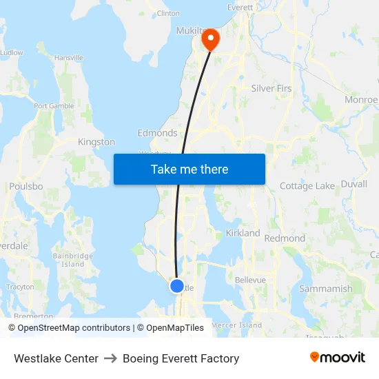 Westlake Center to Boeing Everett Factory map