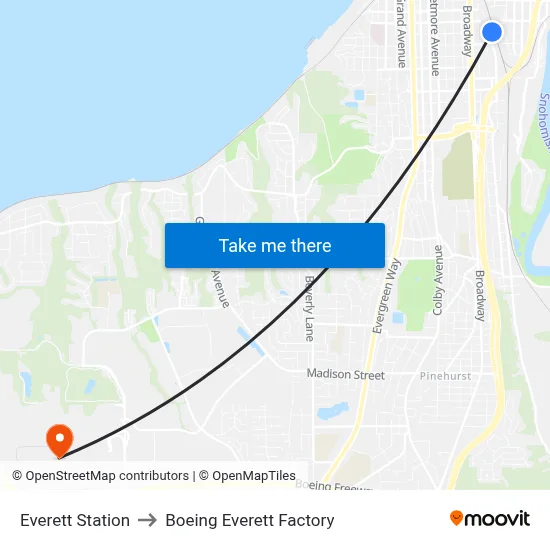 Everett Station to Boeing Everett Factory map
