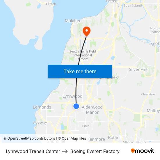 Lynnwood Transit Center to Boeing Everett Factory map
