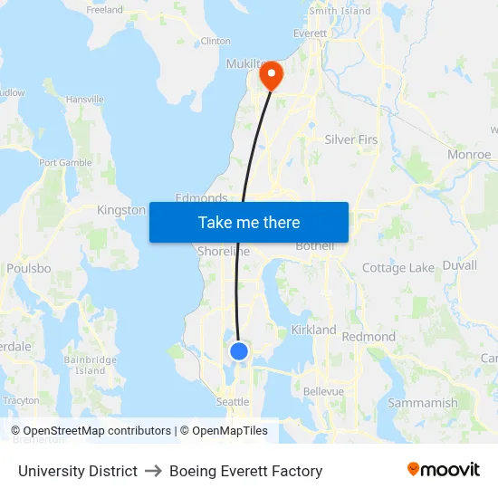 University District to Boeing Everett Factory map