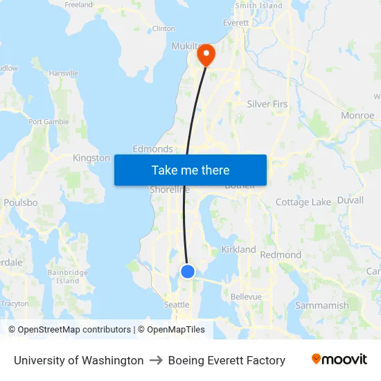 University of Washington to Boeing Everett Factory map