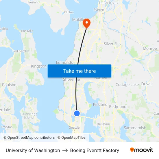 University of Washington to Boeing Everett Factory map