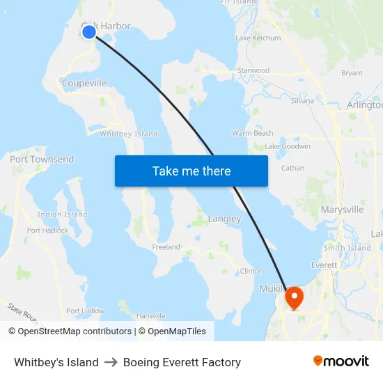 Whitbey's Island to Boeing Everett Factory map