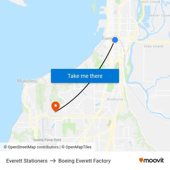 Everett Stationers to Boeing Everett Factory map
