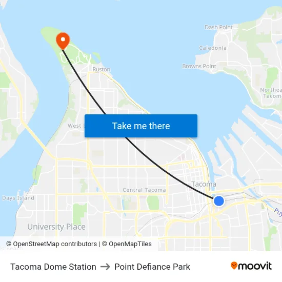 Tacoma Dome Station to Point Defiance Park map